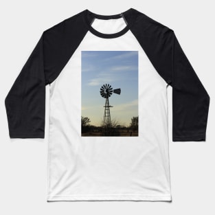 Kansas Windmill in a Pasture with blue sky and clouds Baseball T-Shirt